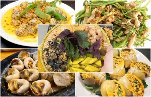 A popular street food consisting of various types of snails