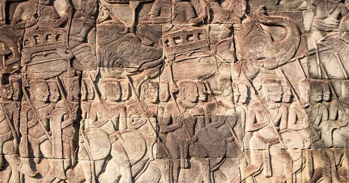 Wide view of Bayon Temple with multiple face towers