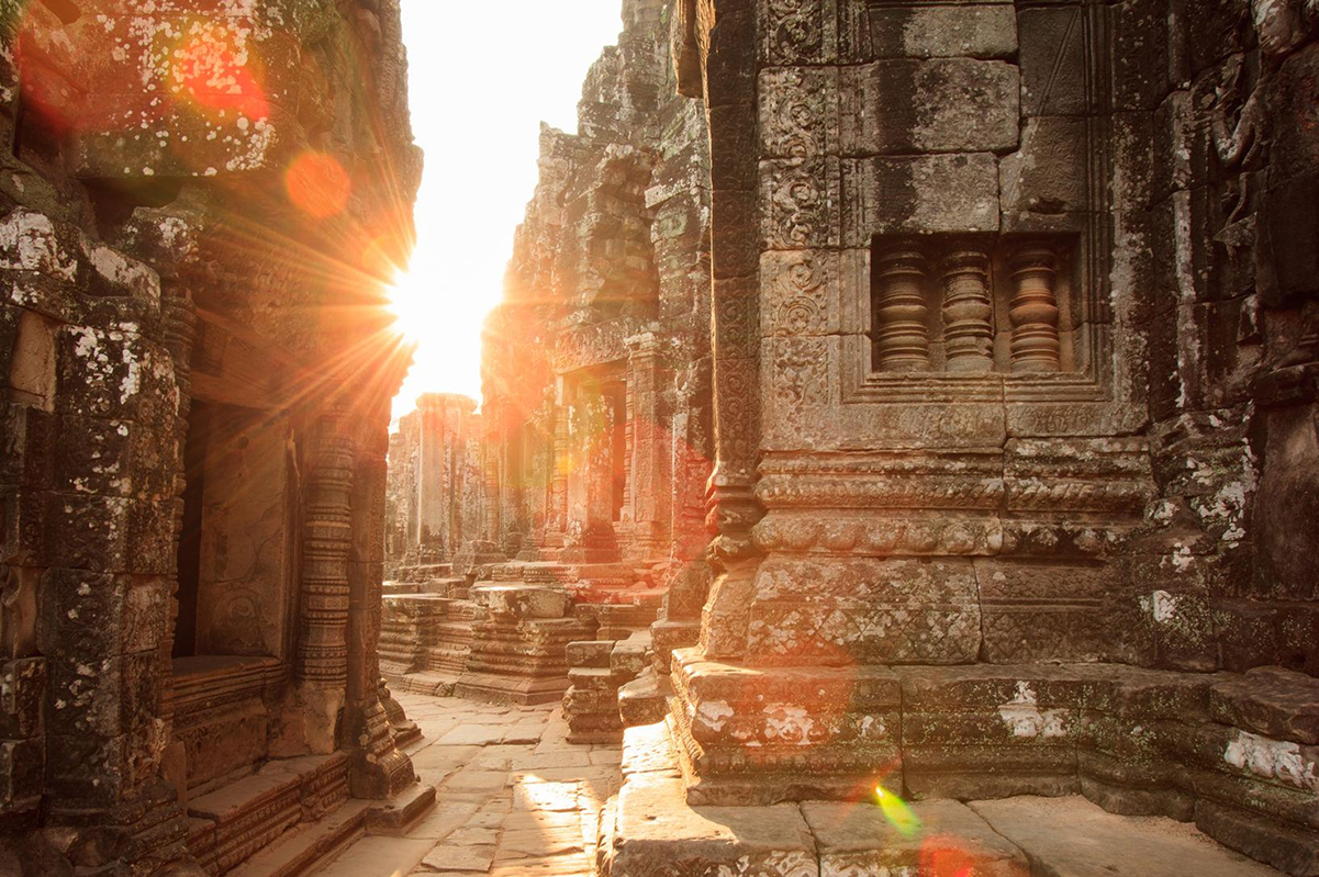 Narrow maze-like corridors inside Bayon Temple