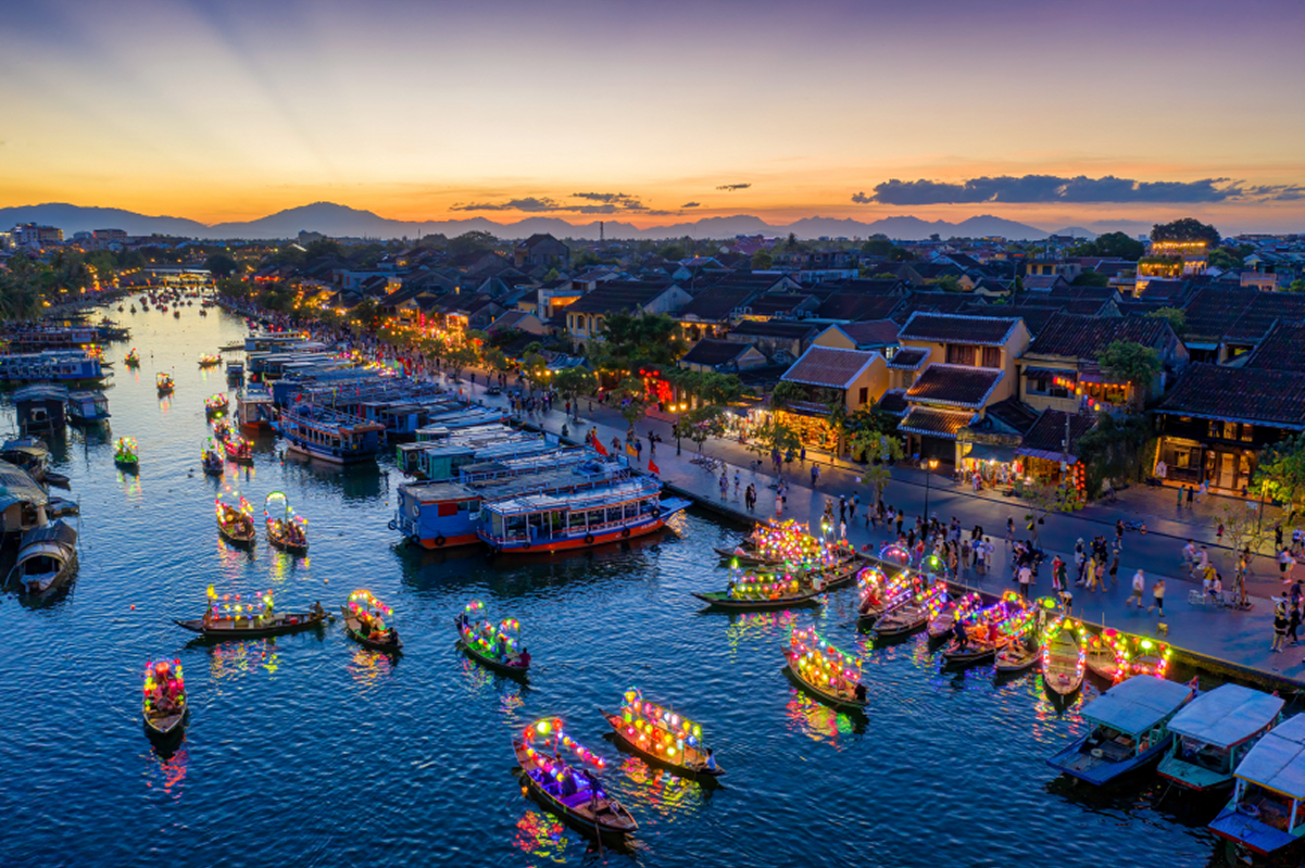 Night aerial view of Hoi An illuminated with lantern lights