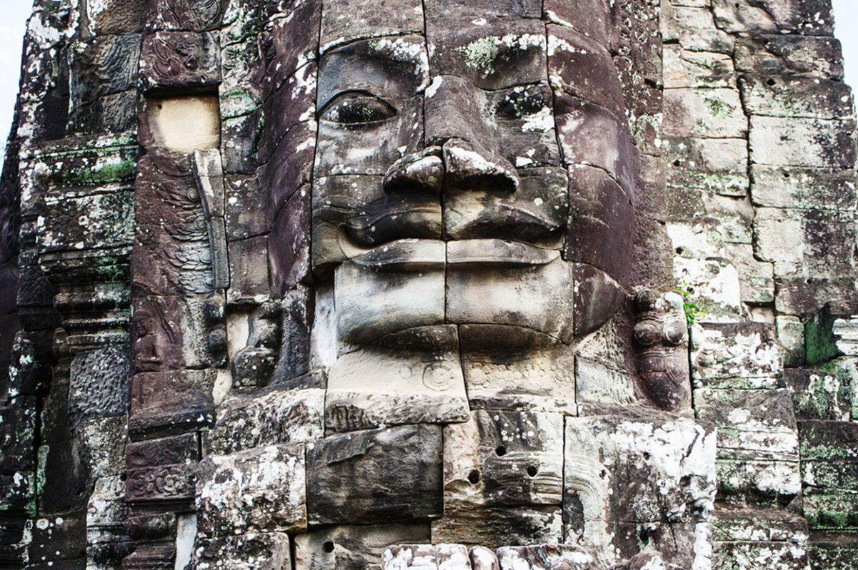 Close-up of a single stone face at Bayon Temple