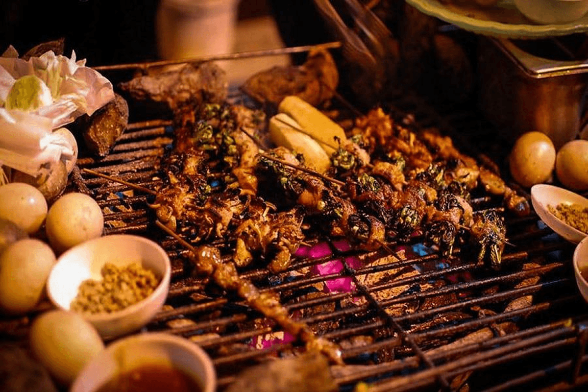 Vietnam street food egg grilled with herbs and meat